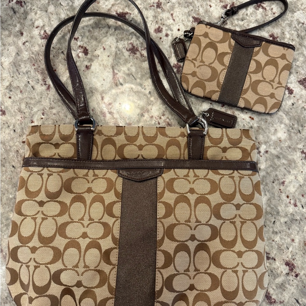 Coach Tan and Brown Signature Shoulder Bag and matching wristlet